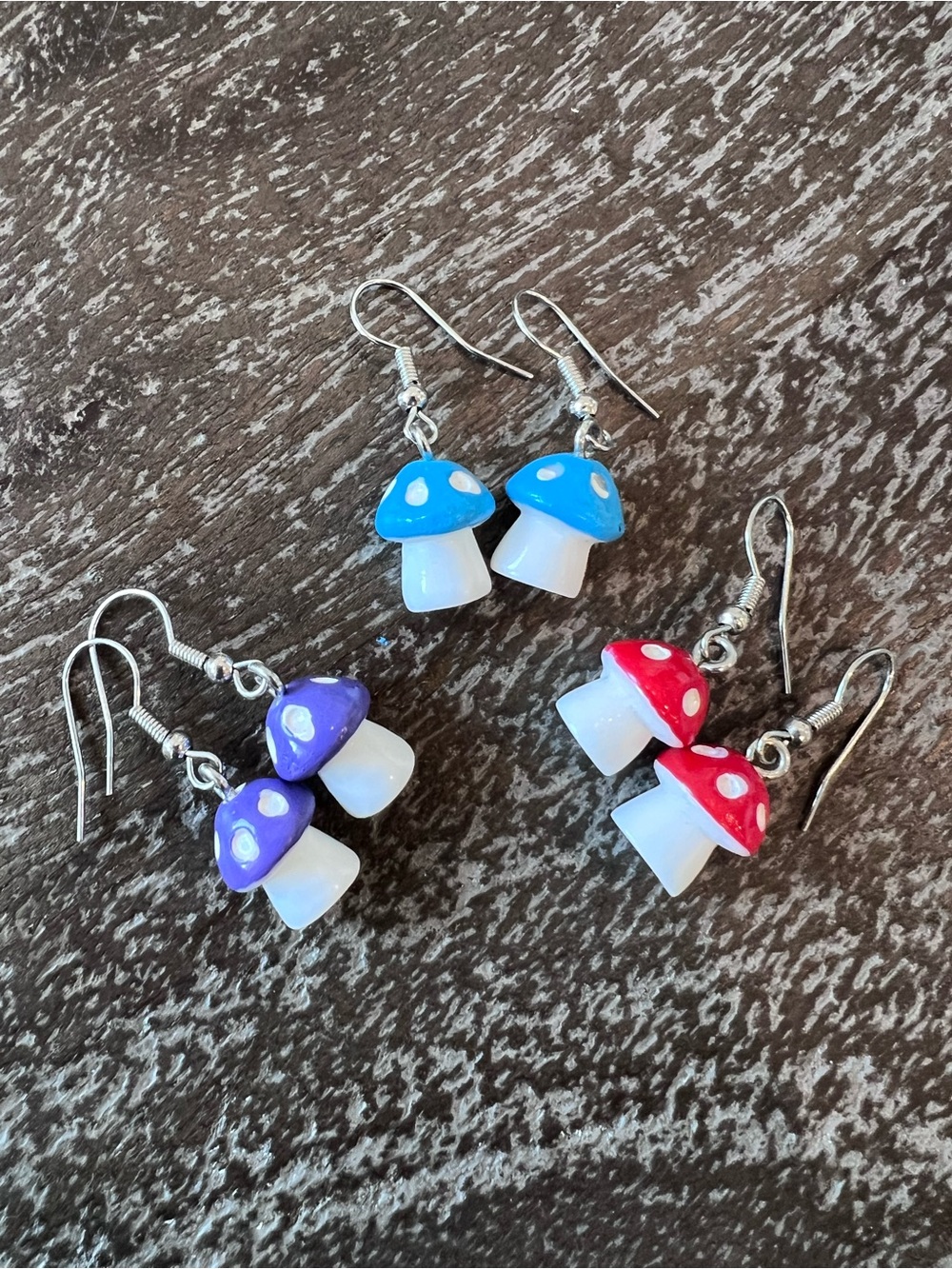 Colorful Mushroom Dangle Earrings - Blue, Purple, Red